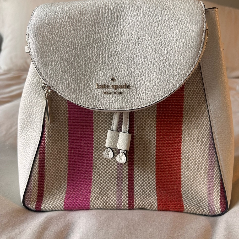 kate spade White Leather Backpack with Pink & Red Stripes